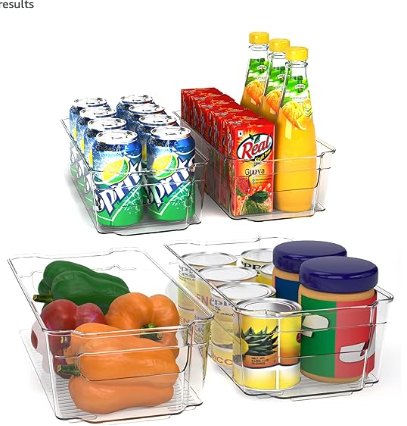 two sizes of clear rectangular bins filled with food that's slightly modified so the label doesn't infringe on copyright, but it looks like there's JIF peanut butter with just a big wide J on the container. There are also bell peppers and SPRITE. 