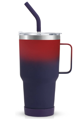 A insulated straw cup with a metal straw and rubber tip. the cup has a handle and a narrow baseso it will fit in car cupholders. it also has a handle and is colored so that it fades from red to a deep purple 