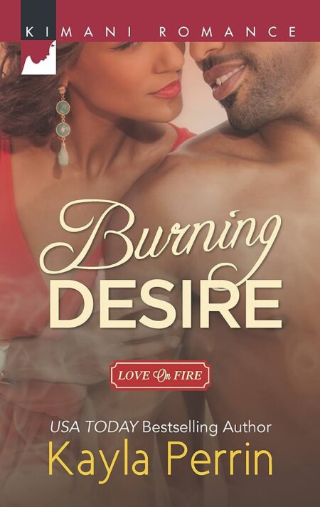 A close up of a topless man with light brown skin looking over his shoulder at a Black woman in a red dress with the words Burning Desire on hsi chest