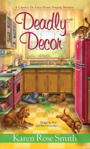 Deadly decor - a messy color ful kitchen with dogs and puppies on the floor