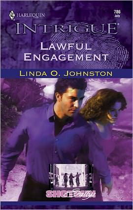Lawful Engagement by Linda O Johnston with a purple-washed image of two intense looking White people glaring off to the right side, with Harlequin Intrigue at the top third in purple