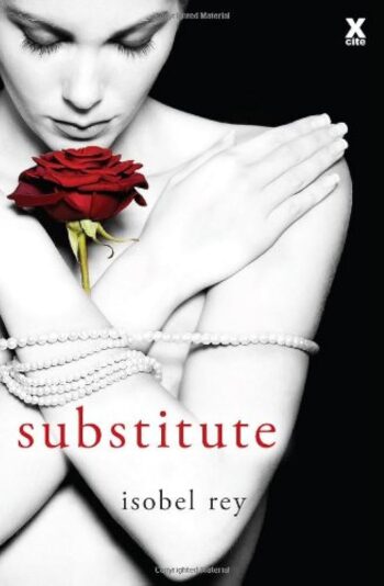A black and white picture of a nude white woman with a rope loosely around her wrists holding a vivid red rose against a black background