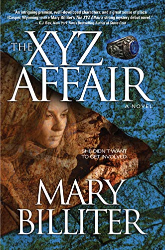 The XYZ Affair by Mary Billiter has a blue wedge shape at the top, but ther's a beige inset of a woman possibly wearing a tarp? Camo It's weird
