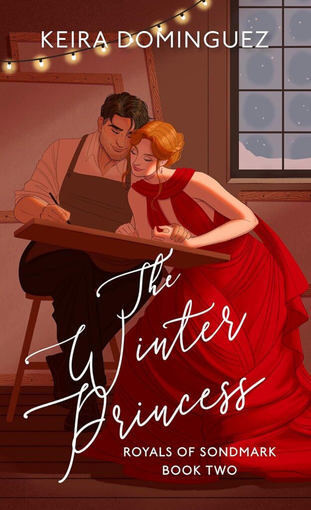 The Winter Princess by Keira Dominguez. A man and woman in a room. Both are huddled over a canvas. The man is holding a drawn pad and it's balanced on his knee. He is wearing a brown apron. A pale woman next to him in a gorgeous red dress is leaning over to get a closer look at the drawing. His free left hand is holding hers. Snow is falling outside and there is a string of lights hung up on the wall behind them.