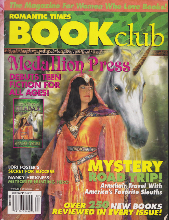 Oh my gosh. This is going to be something. Ok. so at the top against a green patterned background is the masthead in yellow which reads Romantic Times BOOK club. above in a peach banner with green lettering it reads the magazine for women who love books. then there is, I kid you not, a woman in an iridescent taffeta dress in shades of peach and yellow with wide dark embroidered trim at the neck around the edges of her cape, and at the waist. She's also wearing a pearl I think medallion on her forehead over her dark hair and bangs. Then there is I absolutely am NOT joking, a unicorn. with sparkles in his eyes. The headlines are Medallion Press debuts teen fiction for all ages! mystery road trip to armchair travel with America's favorite sleuths, and over 250 new books reviewed in every issue. WOW.