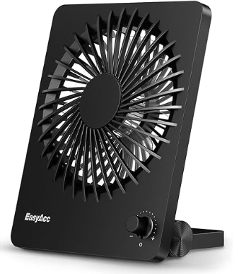 a flat black battery powered fan with a small plastic stand