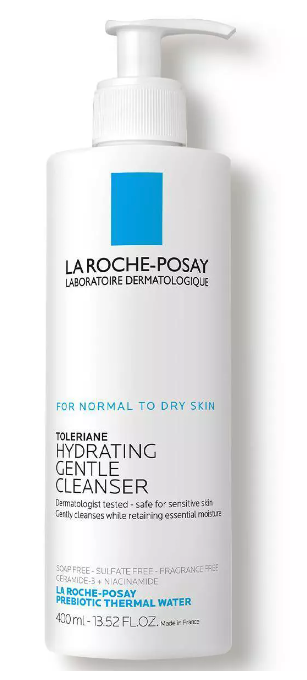La Roche-Posay white bottle with a pump top and a big blue square at the top and the words hydrating gentle cleanser for normal to dry skin 