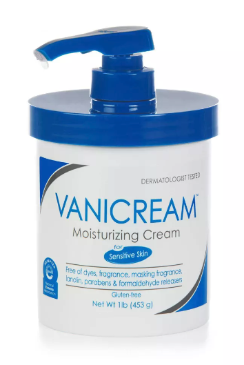 A blue lid with a pump top and a white container that says vanicream moisturizing cream for sensitive skin 