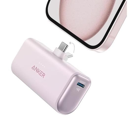 A pink power bank that plugs via USB C into the base of a phone and is about the size of a small candy bar 