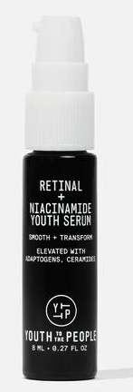 A narrow travel size pump bottle that is dark black with a white top. In white letters it says Retinal and Niacinamide Youth Serum from Youth to the People