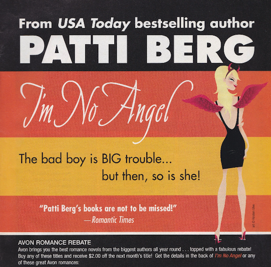 Ad for Patti Berg's I'm not Angel featuring an illustration of a blonde White woman with the thinnest legs and arms and a stretched out angular face.