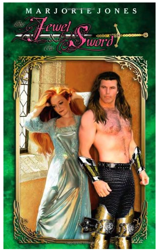 Jewel and the Sword by Marjorie Jones has as green marbled background with a gold filigree frame around two photographed people who were not in the same room when the picture was taken. The guy is shirtless with long brown hair and Pink white skin and a lot of hair, with vambraces on his arms and knee armor but the texture of his pants is alligator? Behind him is a woman with long red hair pushing her hair back, and she's wearing a veyr shiny light blue 'historical-style' gown.