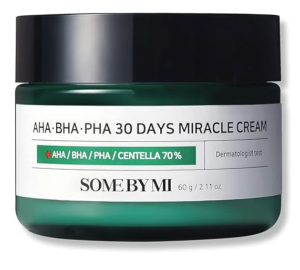 A green jar with a black lid and a white label that reads AHAH BEA PHA 30 days miracle cream by Some By Mi