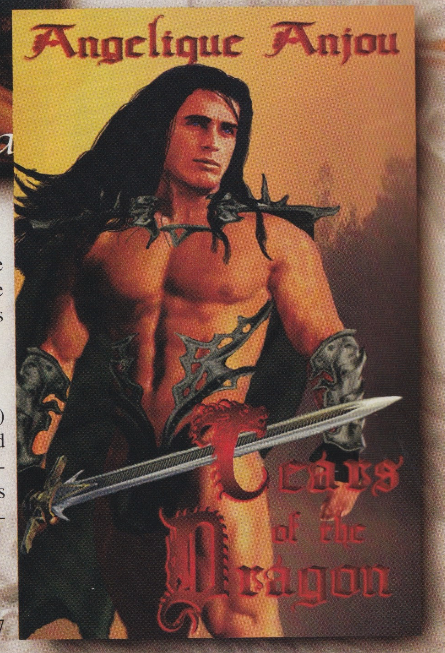 The cover of Tears of the Dragon by Angelique Anjou, which has a weird photoshopped illustration of a mostly naked muscly white man with long hair and like steel girders stuck to his shoulders, forearms and waist? It's wild