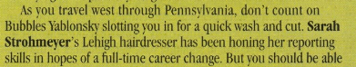 A clip from an article about mysteries by region, that reads As you travel west through PennsvIvania, don't count on Bubbles Yablonsky slotting you in for a quick wash and cut. Sarah Strohmeyer's Lehigh hairdresser has been honing her reporting skills in hopes of a full-time career change. But you should be able