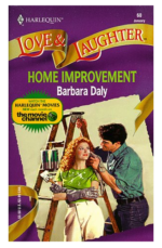 Home improvement by Barbara Daly with a woman in white pants and a green blouse with red hair leaning against a step ladder while a man with dark hai and a green shirt and coveralls wipes her face