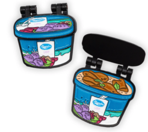 A hinged pin that shows a container of ube that's been filled with leftover chicken adobo