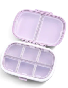 MyPillyPal V2, with two larger compartments on one side and six on the other, in a light lavendar color and a white clasp