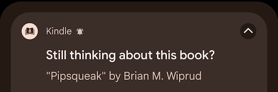 An alert on my phone from the Kindle app that reads Still thinking about this book? Pipsqueak by Brian M. Wiprud