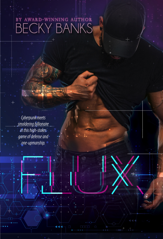 Flux by Becky Banks. A man dress in all black and with a black baseball cap is lifting his shirt to show his abs. The title is in a glitch font design and his crotch area is nestled inside the U of Flux.