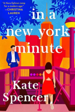 In a New York Minute by Kate Spencer. A very colorful illustrated cover. A woman in a red dress with brown hand is walking down a set of stairs leading to the subway. A man in a blue suit is looking at her. The New York City skyline is colorblocked in red, oranges, and yellows.