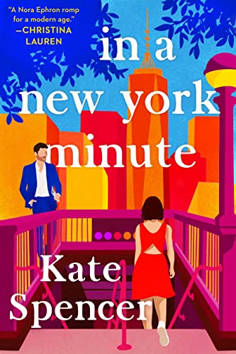 In a New York Minute by Kate Spencer. A very colorful illustrated cover. A woman in a red dress with brown hand is walking down a set of stairs leading to the subway. A man in a blue suit is looking at her. The New York City skyline is colorblocked in red, oranges, and yellows.