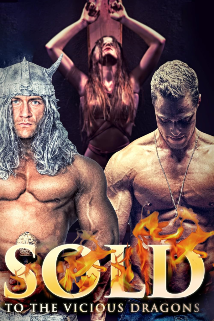 Sold to the Vicious Dragons by Hollie Hutchins. The title is in bold and on fire. Two shirtless men are in the foreground. One is blond and looking down at his crotch. The other has a silver viking helmet on and shoulder length, silver hair. There's a woman in the background with her hands above her head. Her dark brown hair is covering her face.