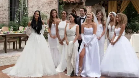 The women wear wedding dresses in a group with the dude in a tux. some are strapless, some are ballgown or aline and some are column but none and I mean NONE have full sleeves.