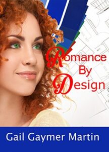 A woman with red curl y hair in side profile and she has very vibrant, like alarmingly so, green eyes, and behidn her is some blue paint swatches and an illustration of a floorplan behind her
