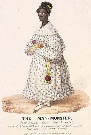 Lithograph of Mary Jones dressed as a very proper woman titled The Man Monster (Yikes) Mary is a Black woman with a gold band in an updo, wearing a white dress with enormous puffy sleeves covered in blue flowers, a fichu, holding a pomander in gloved hands