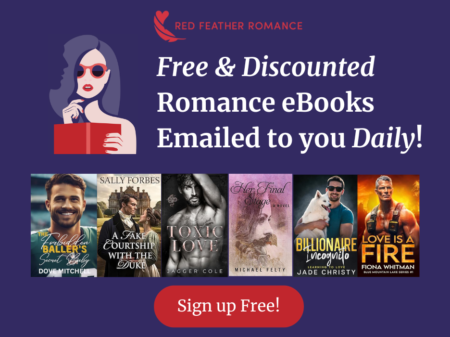 Free and discounted romance ebooks emailed to you daily! sign up now! A blue background with white text and an illustration of a woman with blue hair and red sunglasses reading a red book. There are six romances shown below her