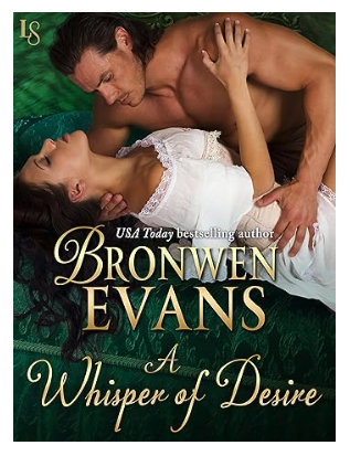 A Whisper of Desire by Bronwyn Evans featuring a woman in a white lace dress being bent back over a couch by a shirtless white dude with a mullet against a green couch and background 