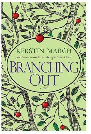 Branching Out has a light green background with illustrated criss crossing apple tree branches all over it with red apples mixed into the design. The title and author name are inside an oval in the middle