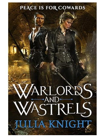 Warlords and Wastrels has an illustration of two White people who are very grubby wearing fantasy steampunk style leather clothing holding swords while stuff blows up behind them