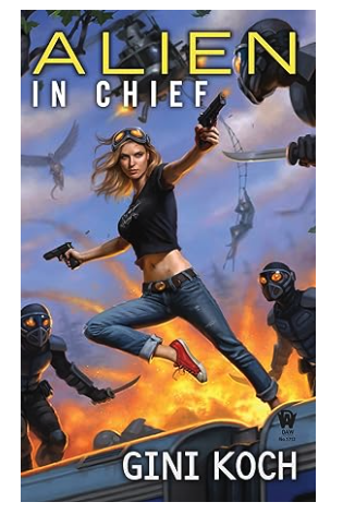 A White woman in low rise jeans and a cropped top leaps off of something with guns in both hands as figures in black with red eyes are poised to attack her 