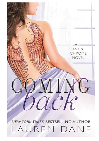 Coming Back is a woman draped in a lavender sheet with no shirt, and her back is covered by an intricate pair of tattooed wings. 
