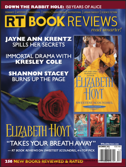 The cover from RT Book Reviews December 2015, with a big drapey blue fabric with arose on top, and the 9th Elizabeth Hoyt Maiden Lane series Sweetest Scoundrel, plus headlines about Kresley Cole, Shannon Stacey, and Kresley Cole