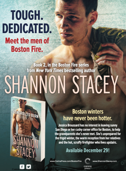 Tough Dedicated - meet the men of Boston Fire book two in the Boston Fire series from Shannon Stacey - Controlled Burn There's a shirtless White dude with his jacket over his shoulder holding a helmet 