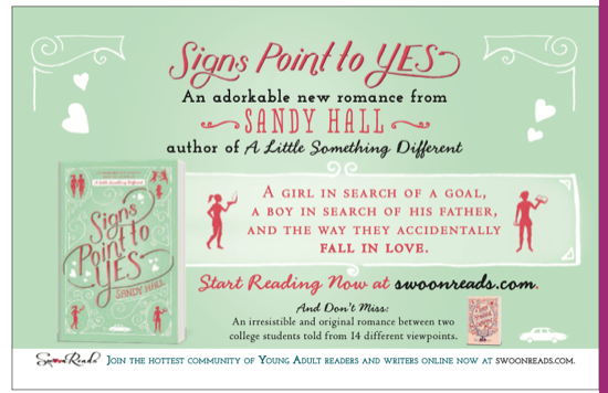 A lime green illustration with white filigree with little red silhouettes of the characters with the title SIGNS POINT TO YES in red. It looks likea cover that'd be in a store right now. 