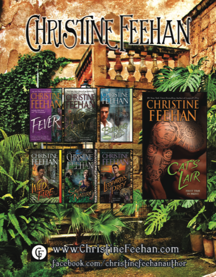 A lush green fern background with a stone wall and images of 7 different Feehan books on top