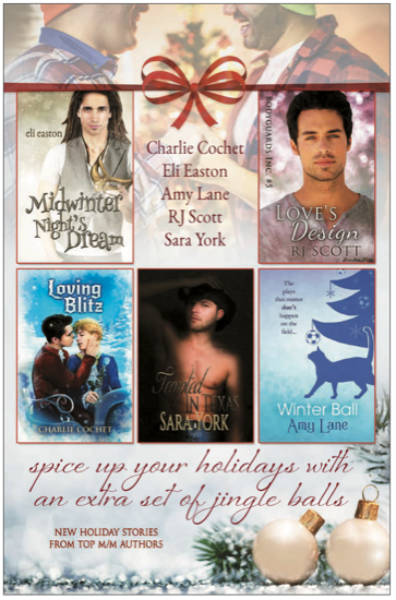 An ad for Charlie Cochet, Eli Easton, Amy Lane, RJ Scott, and Sara York - spice up your holidays with an extra set of jingle balls with a picture of two white round Christmas tree ornaments which are balls but do not jingle?