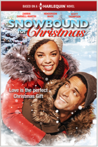 Snowbound for Christmas starring Zarrin darnell-Martin Henderson Wade and Scott Thompson with a Black woman with brown curly hair and a red winter coat with a fur hood getting a piggy back ride from a man with a similar coat in brown and a brown hat 