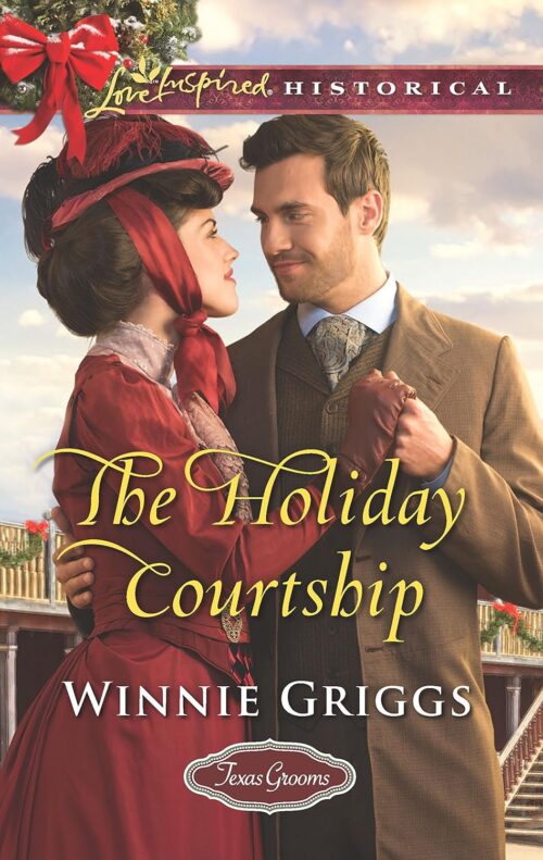The Holiday Courtship by Winnie Griggs features a woman in a red historical dress with a big ruffled hat tied to her head by a giant red sash 
