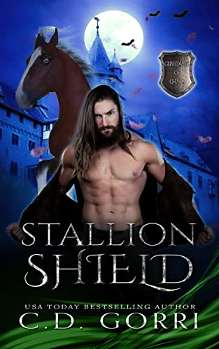 Stallion Shield by C.D. Gorri. A man with dark long hair and a bear appears to be ripping his shirt open in front of a blue castle. Behind him, a brown horse is rearing up and looking very concerned.