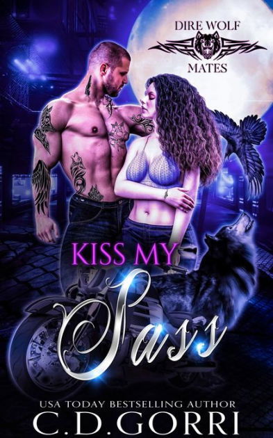 Kiss My Sass by C.D. Gorri. A shirtless, tattooed man is looming over a woman wearing a macrame bra that looks painted on. A black bird and black woman are gazing into each other's eyes on the right hand side and a small motorcycle appears to emerge from the couple's legs.