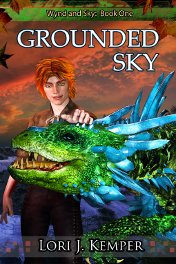 Grounded Sky by Lori J. Kemper. A 3D modeled cover with a red-haired man petting a toxic green dragon with blue frills around its head.