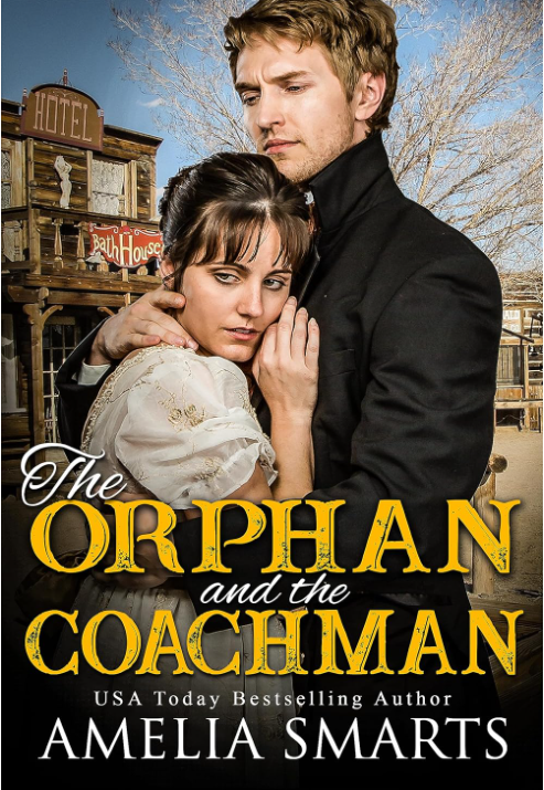 The Orphan and the Coachman by Amelia Smarts. A man and woman are embracing in an old west town. However, the woman is looking away in a suspicious manner. She also has very crispy bangs and the man has a concerning grip on the back of her neck.