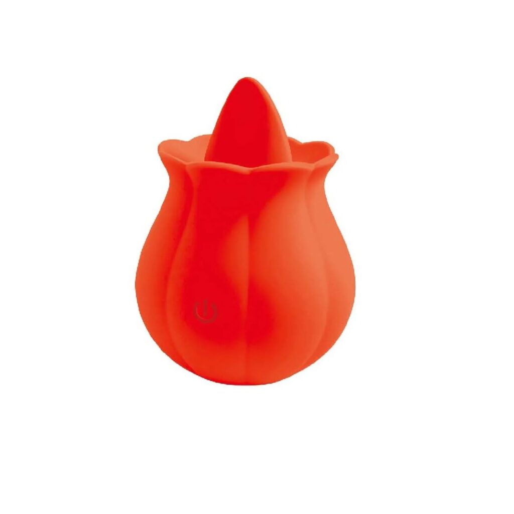 A red clitoral stimulator. It's shaped like a rosebud with a short nub that protrudes from the top.