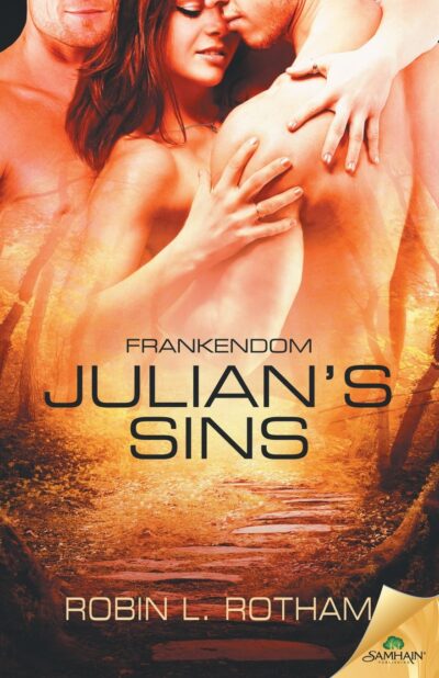 Julian's Sins features a photograph of three nude people embracing above a path through the woods , and the entire image is washed in hues of orange and red