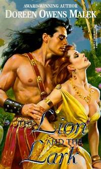 The Lion and the Lark by Doreen Owens Malek has John desalvo with long flower dark hair and a very pink galdiator toga grasping the warm of a woman wit hred hair and a bright yellow gown with astonishing cleavage